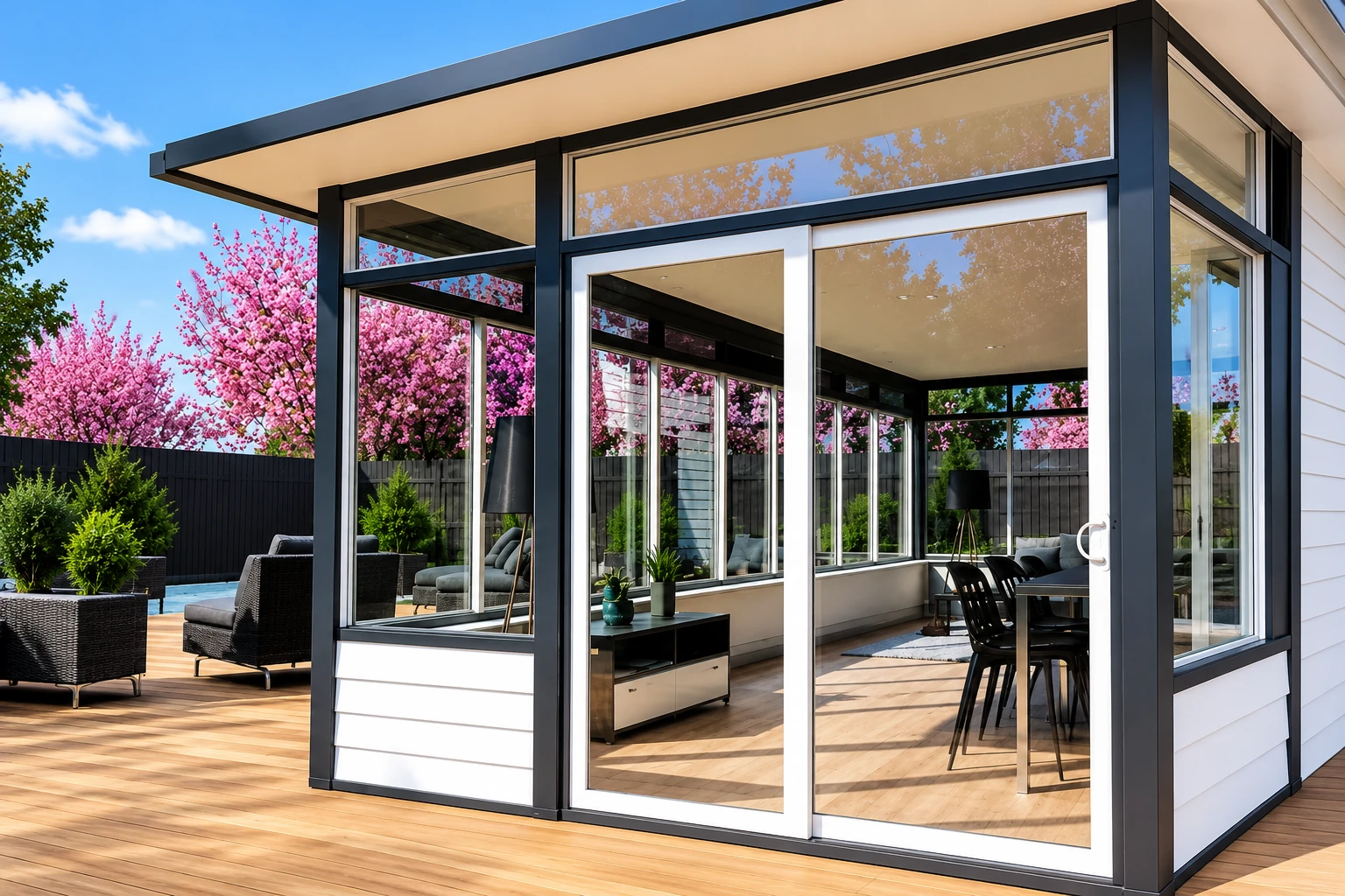 Modern all-season sunroom with black-framed glass walls and a white sliding door opening onto a wooden deck.