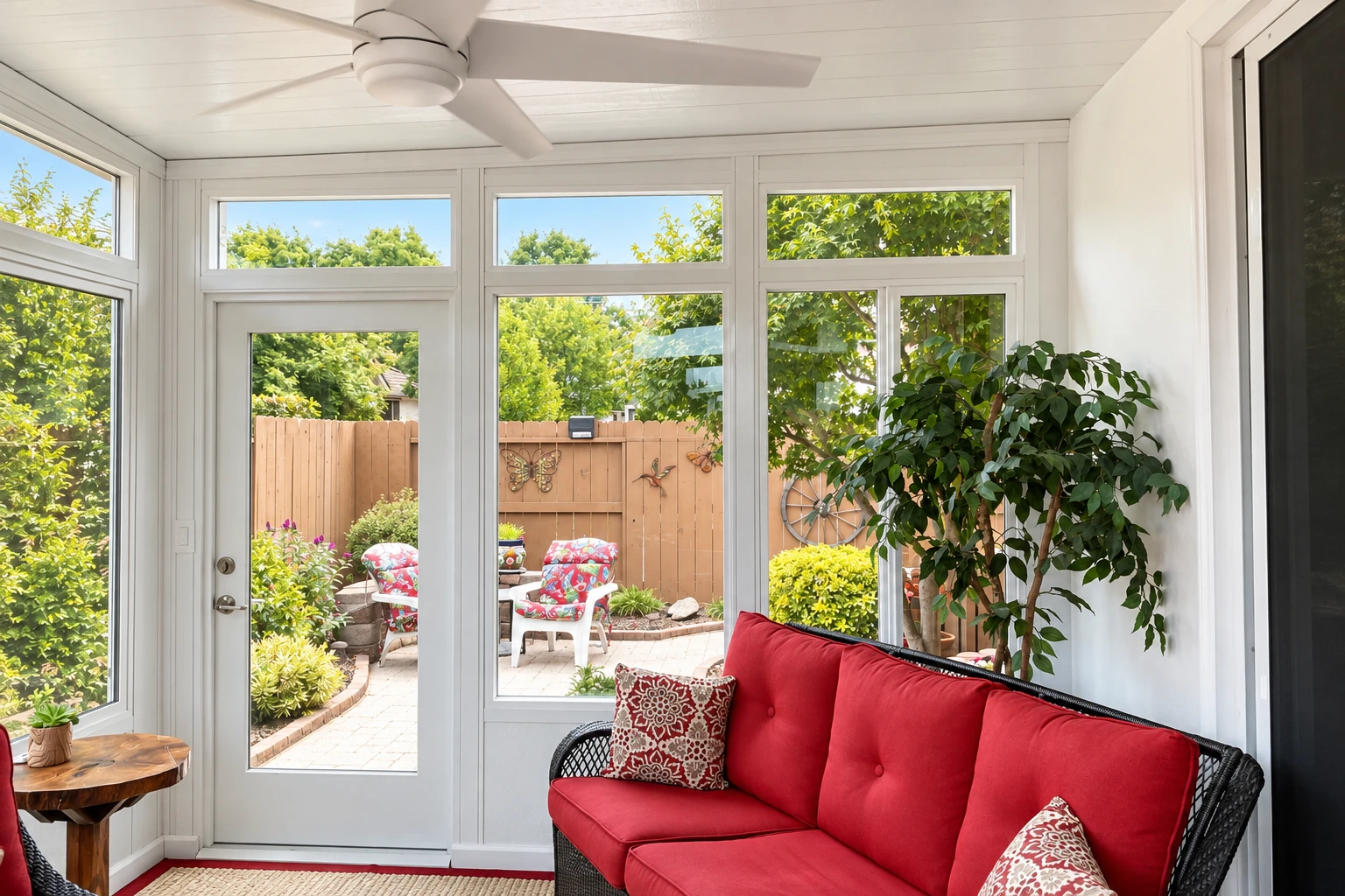 Custom sunroom with white-framed windows, a red-cushioned wicker sofa, and a garden visible through the glass.