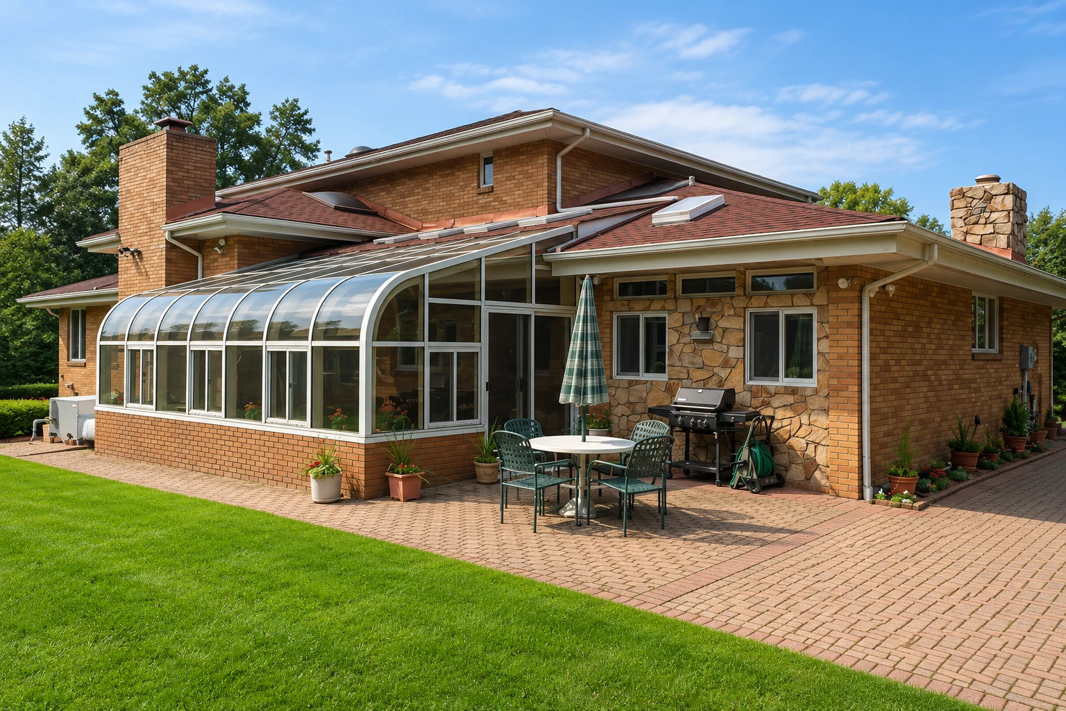 Brick house with a curved glass sunroom addition beside a paved patio with outdoor dining furniture and a grill.
