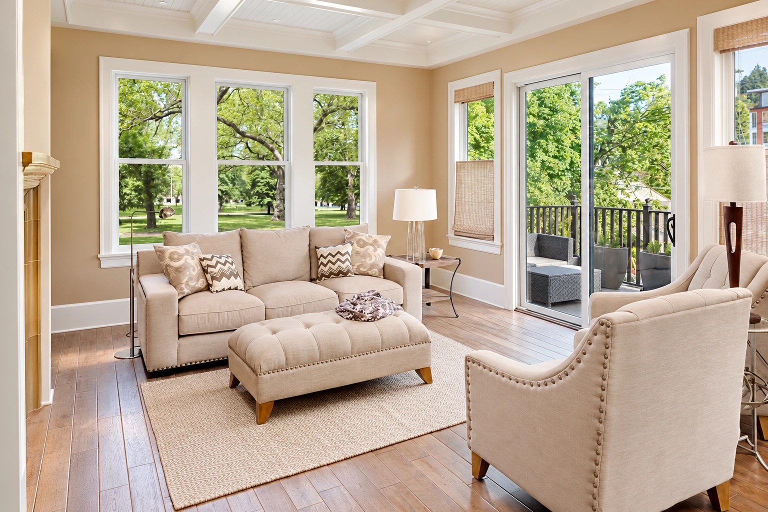 Bright sunroom with beige seating, wood flooring, broad windows and a sliding glass door opening onto a deck.