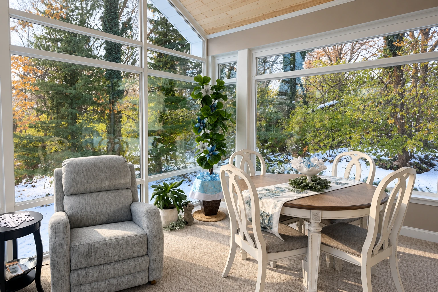 Four-season sunroom with large windows, a dining table and chairs, and a gray recliner overlooking a snowy garden.