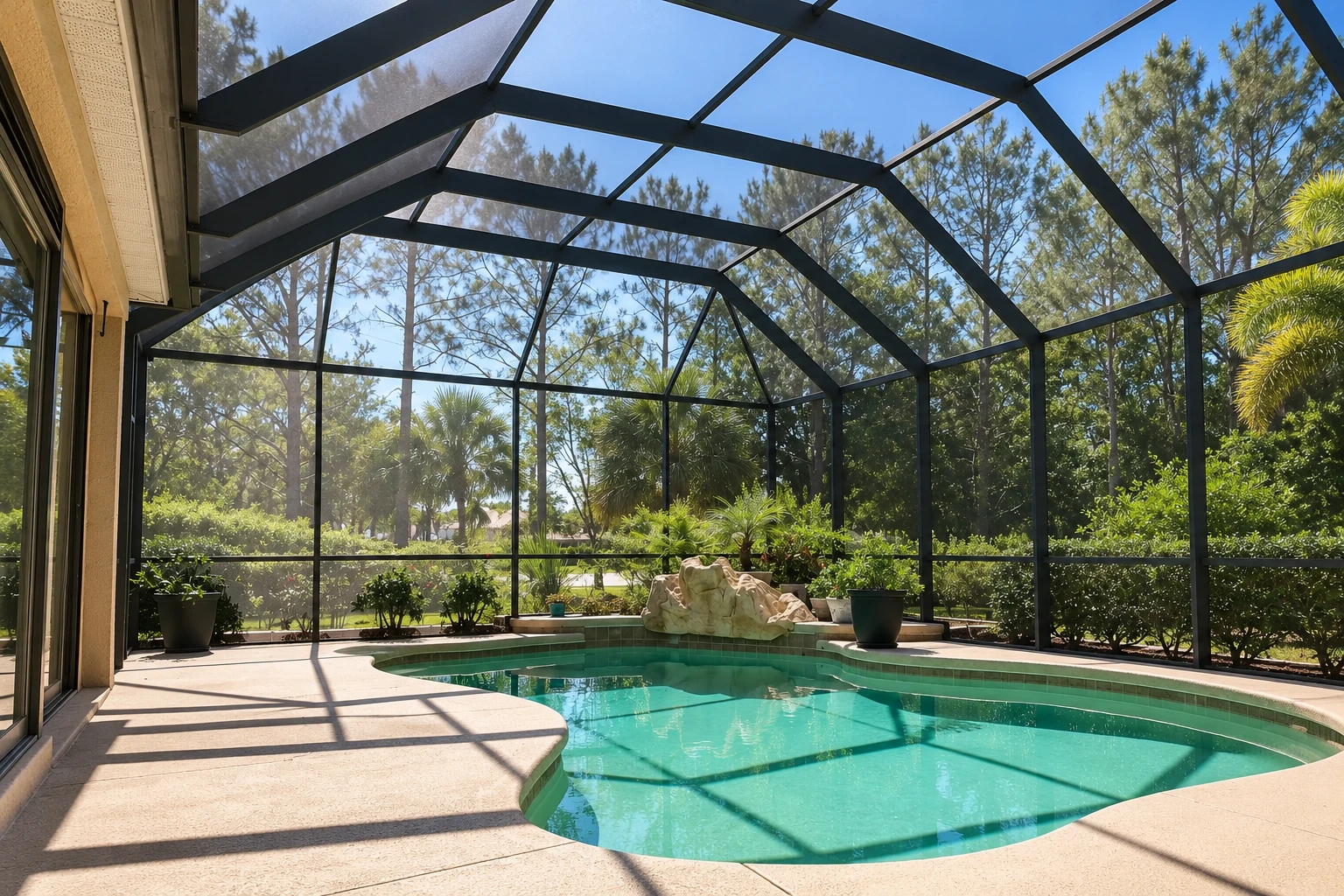 Covered pool patio enclosed by a dark-framed mesh screen structure, with trees visible beyond.
