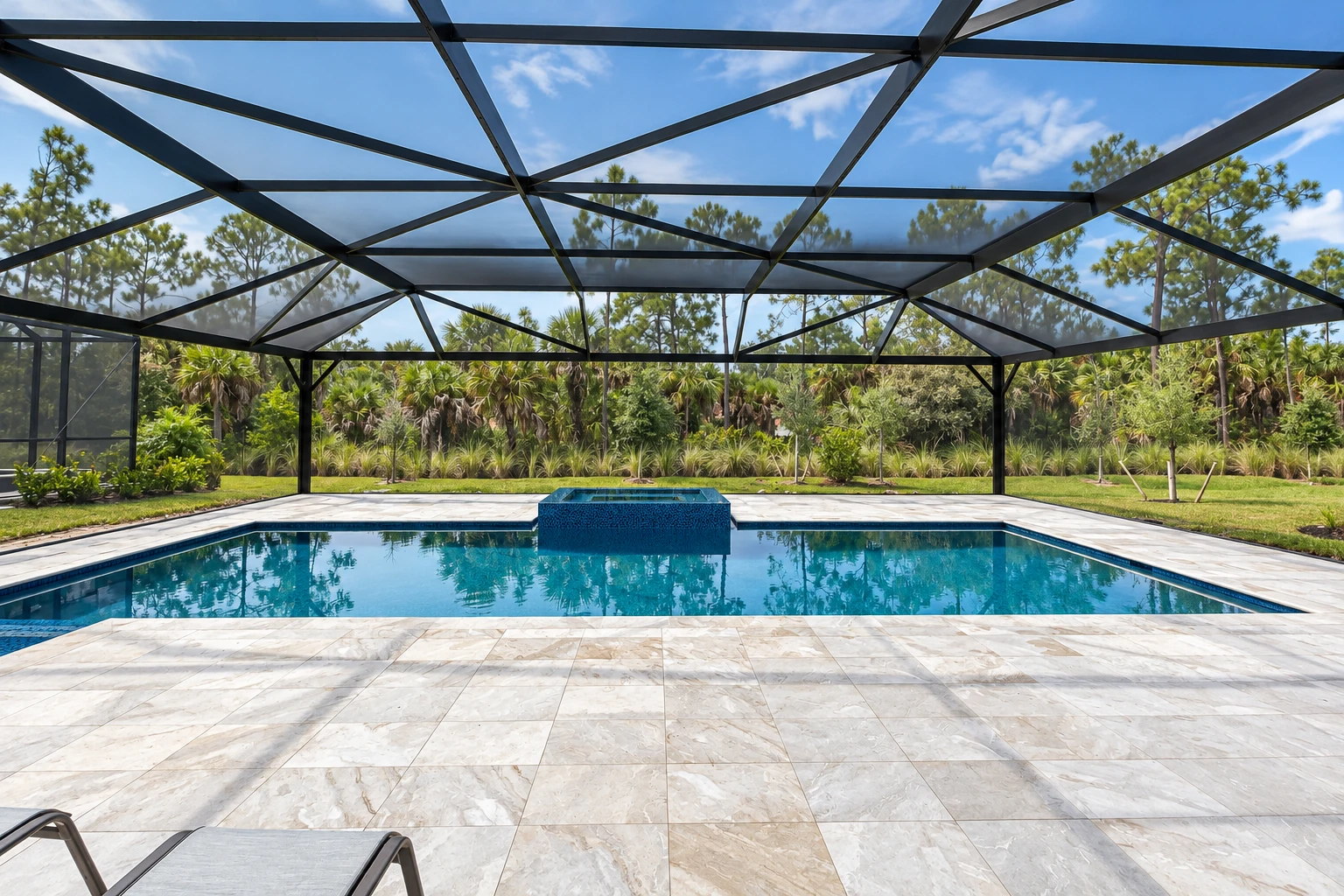 Screened patio enclosure surrounding a rectangular swimming pool, with a dark metal roof frame and pale stone deck.