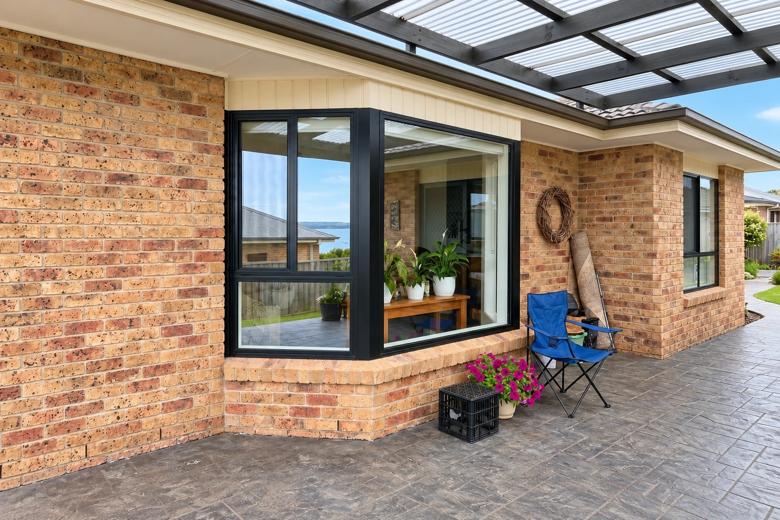Brick patio converted into a sunroom with dark-framed windows and a translucent roof.