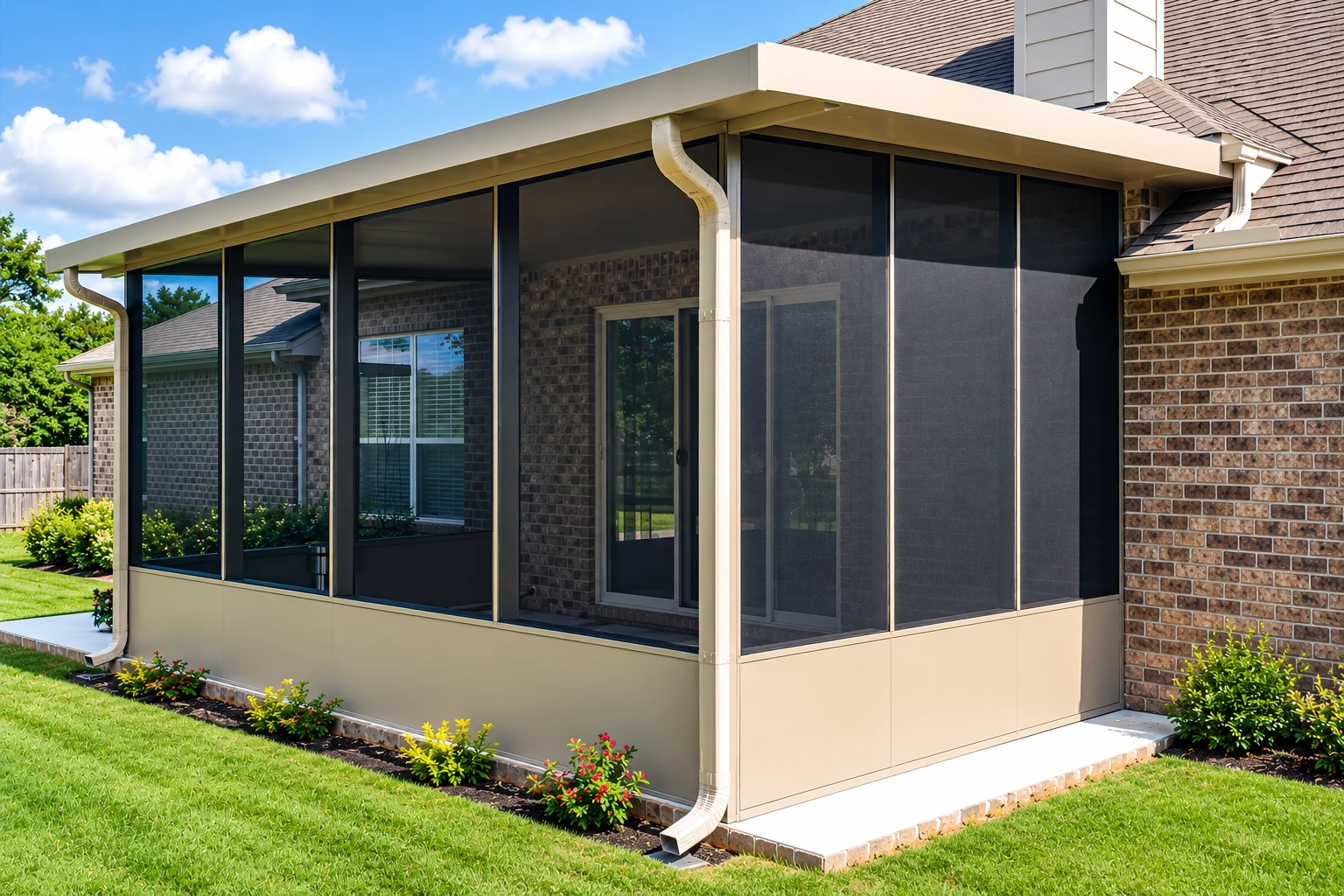 Screened patio enclosure with dark mesh panels and a light-colored roof, attached to a brick house.
