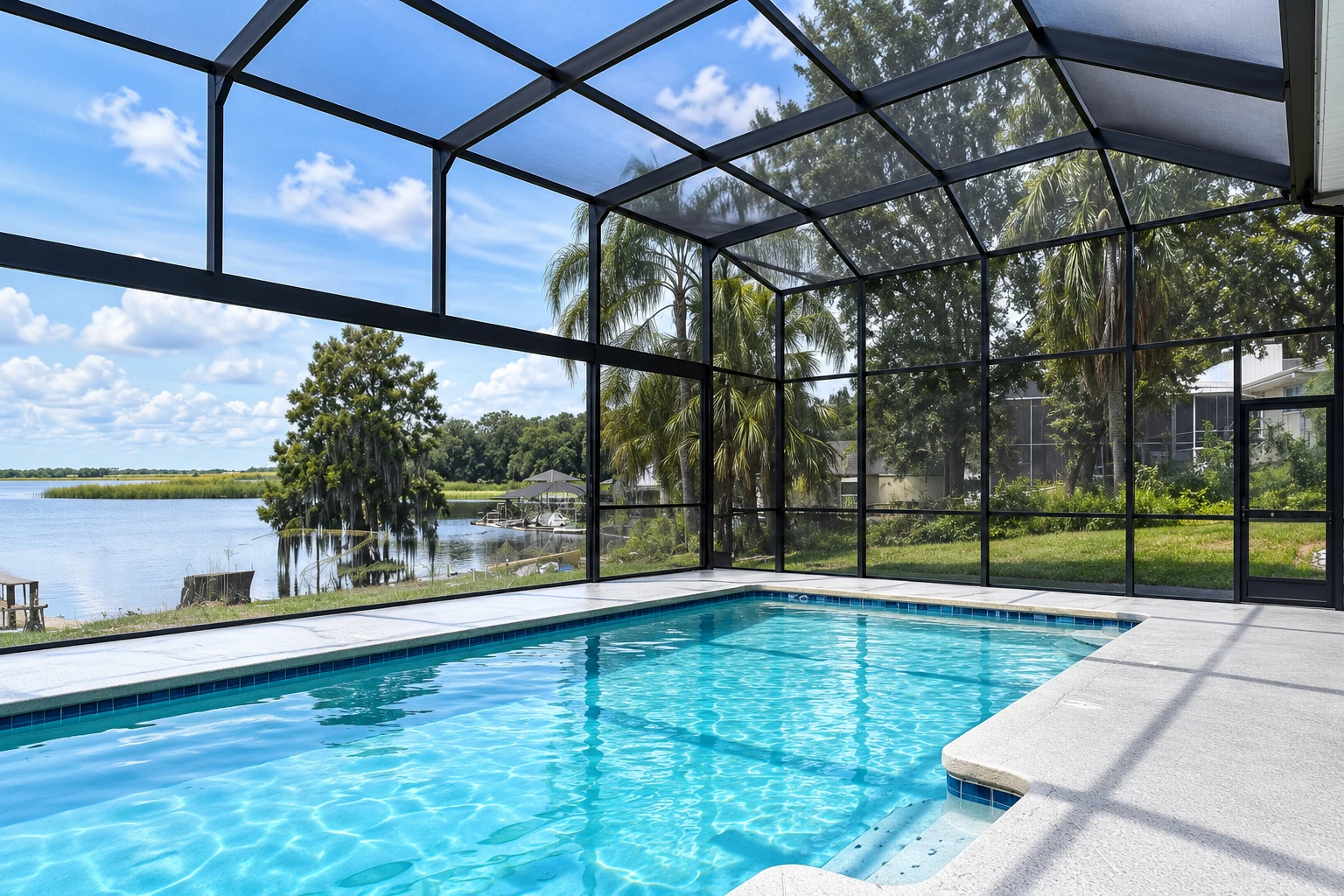 Screen room enclosing a swimming pool, with black mesh panels and a view of a lake and trees.