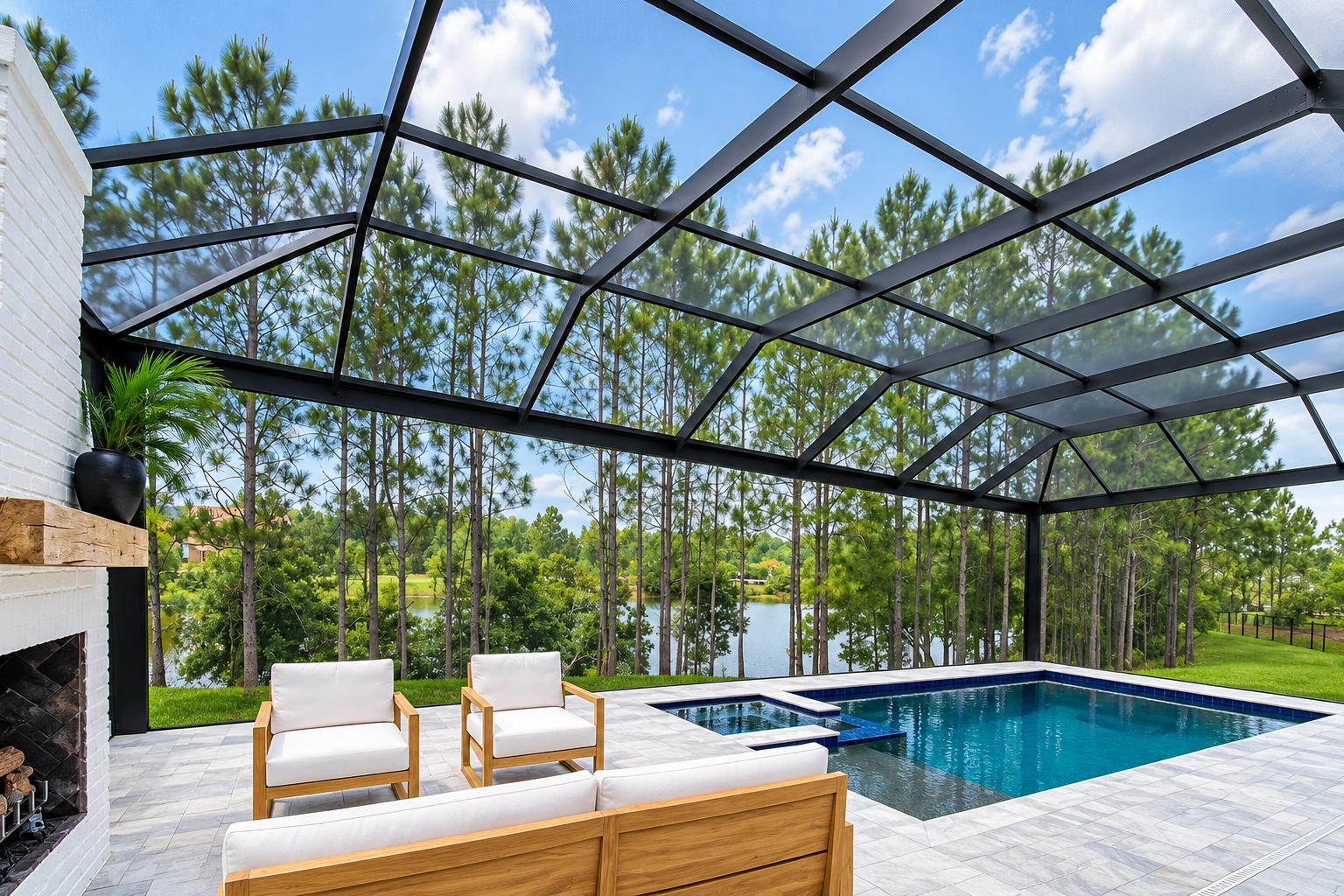 Screen room with a black mesh roof and walls surrounding a swimming pool and outdoor seating.