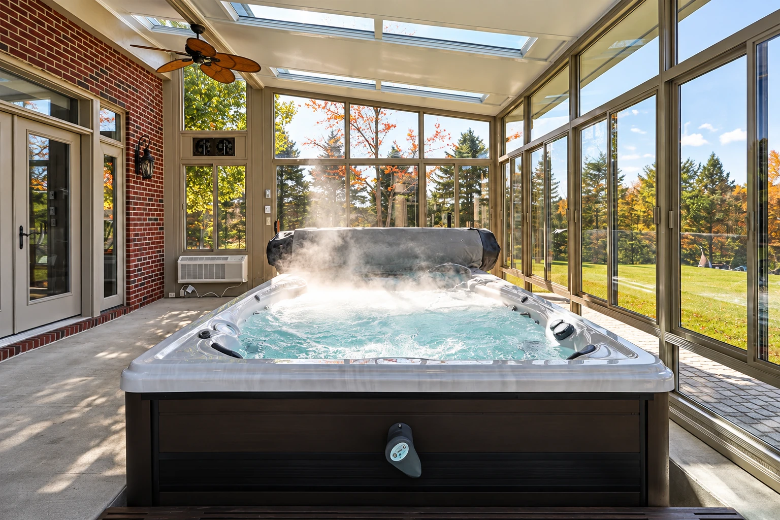 Glass-walled solarium with a bubbling hot tub, skylights and views of autumn trees.