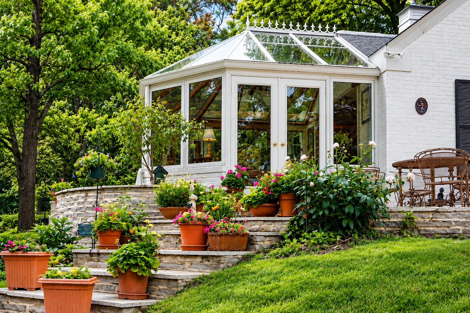 White glass-roof solarium attached to a brick house, with stone steps and flowerpots among garden greenery.