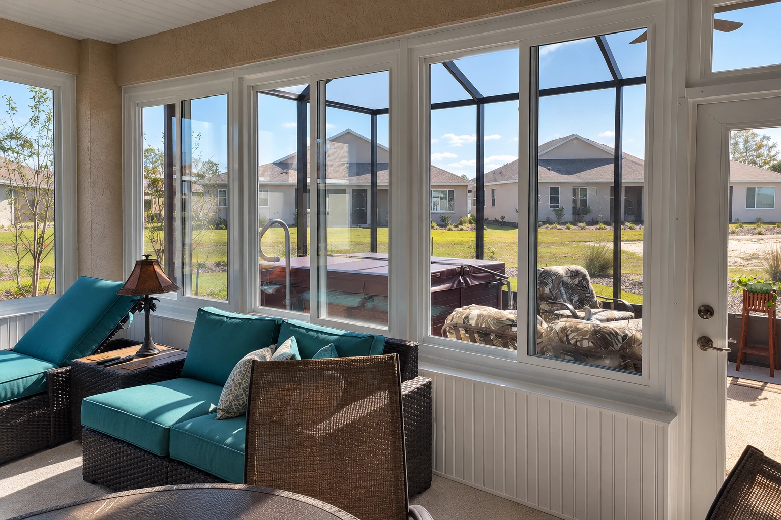 Sunroom addition with white-framed windows, wicker seating with teal cushions, and a hot tub visible outside.