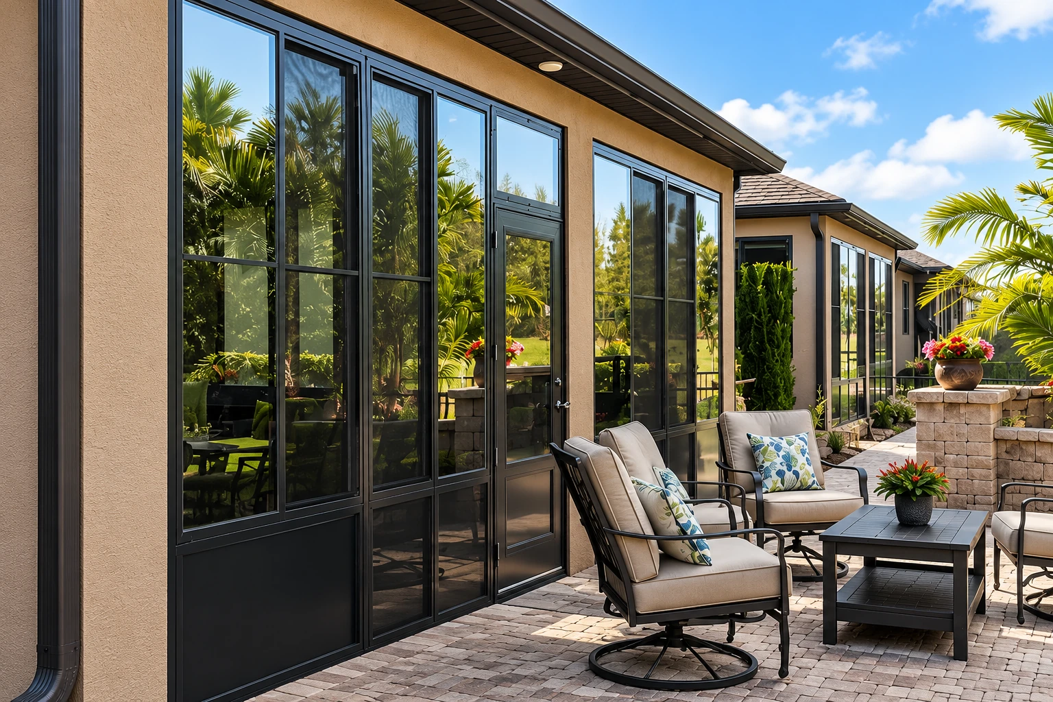 Sunroom addition with tall black-framed glass panels beside a paved patio with cushioned chairs and a table.