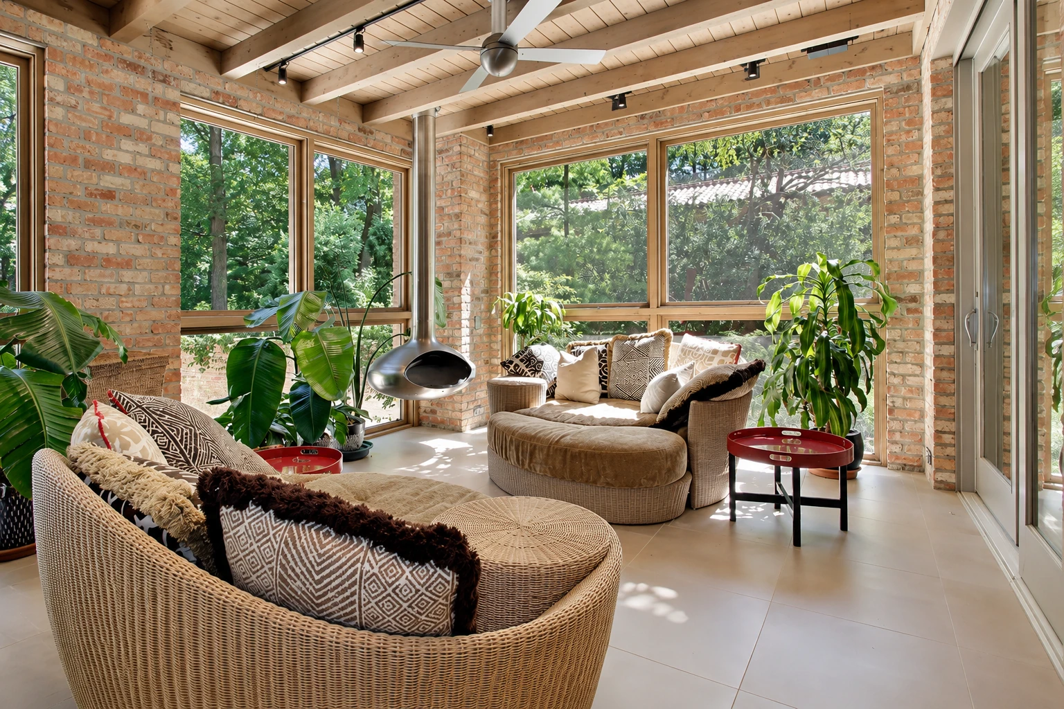 Sunroom with exposed brick walls, timber ceiling beams, large windows, woven seating, a suspended fireplace and leafy plants.