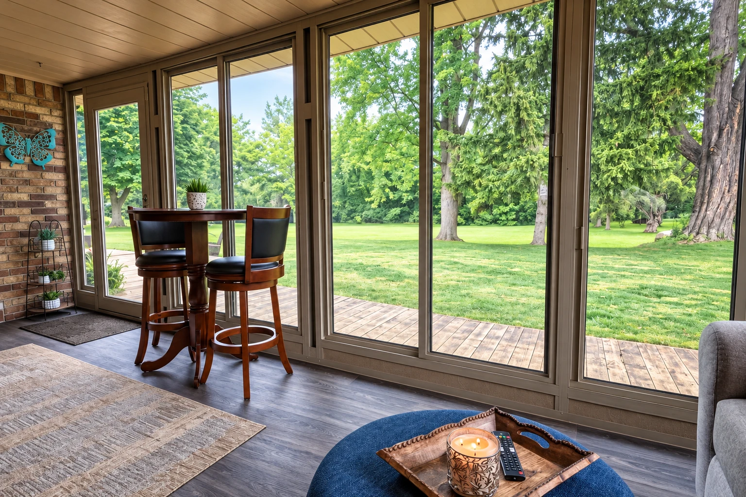 Sunroom with large sliding glass doors, a small dining set and a view of a green lawn and mature trees.