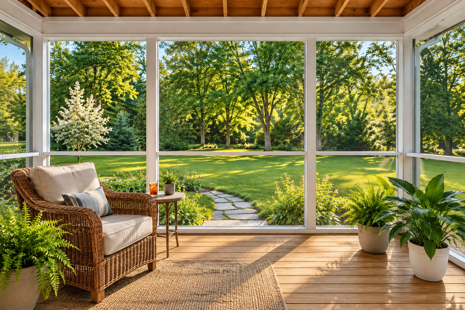 Sunroom interior with broad windows, a wood-plank ceiling, wicker seating and views of a green garden.