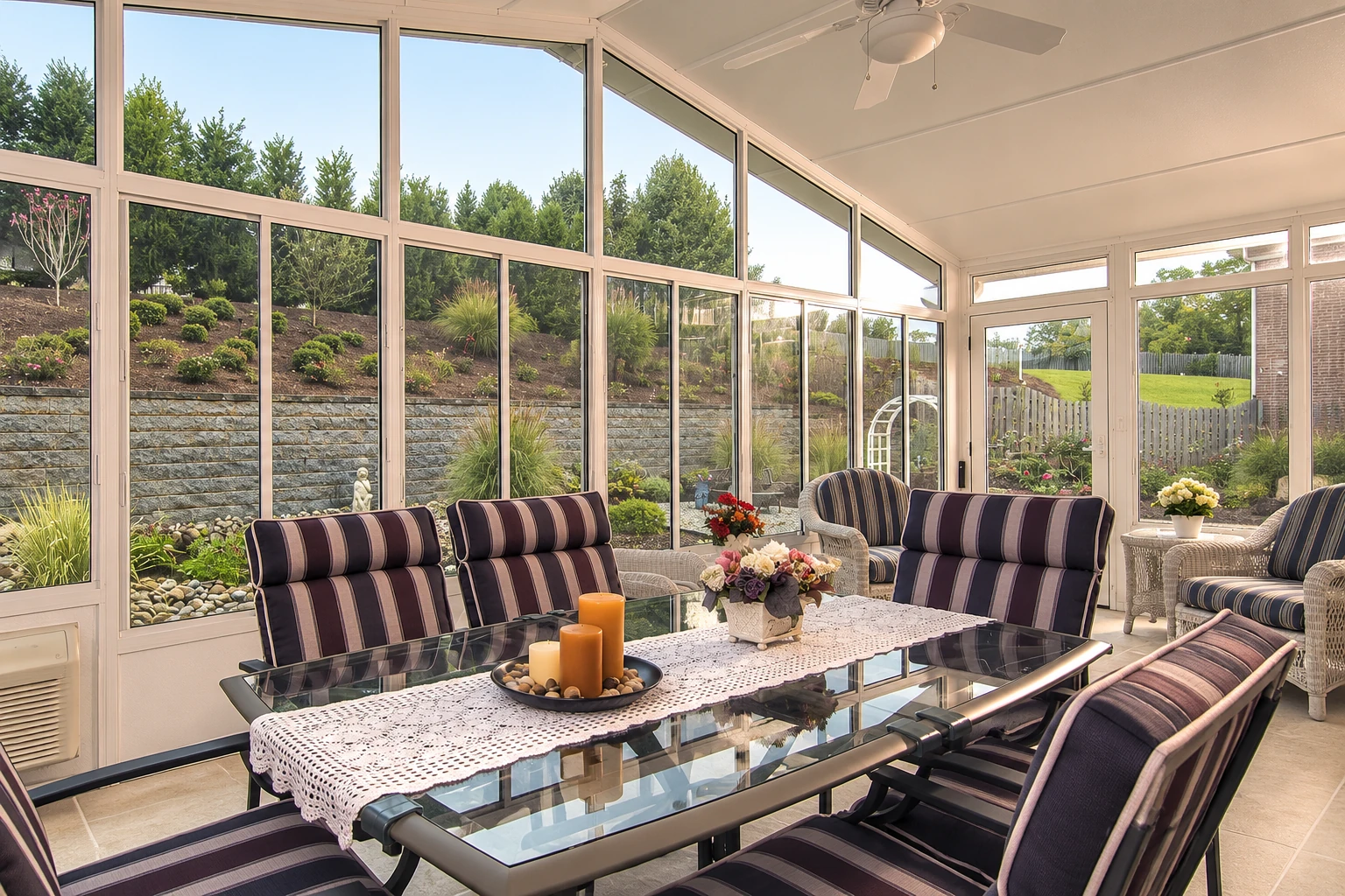 Furnished sunroom with tall white-framed windows, striped seating and a glass dining table overlooking a garden.