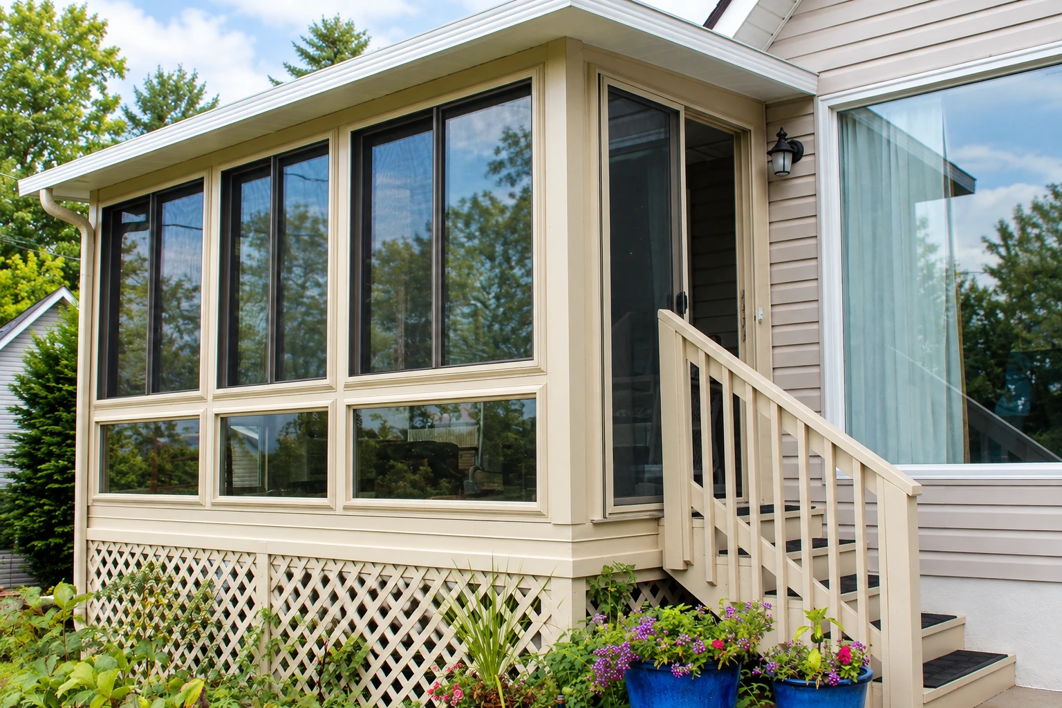Three-season sunroom with beige framing, tall windows, lattice skirting, and steps leading to the yard.