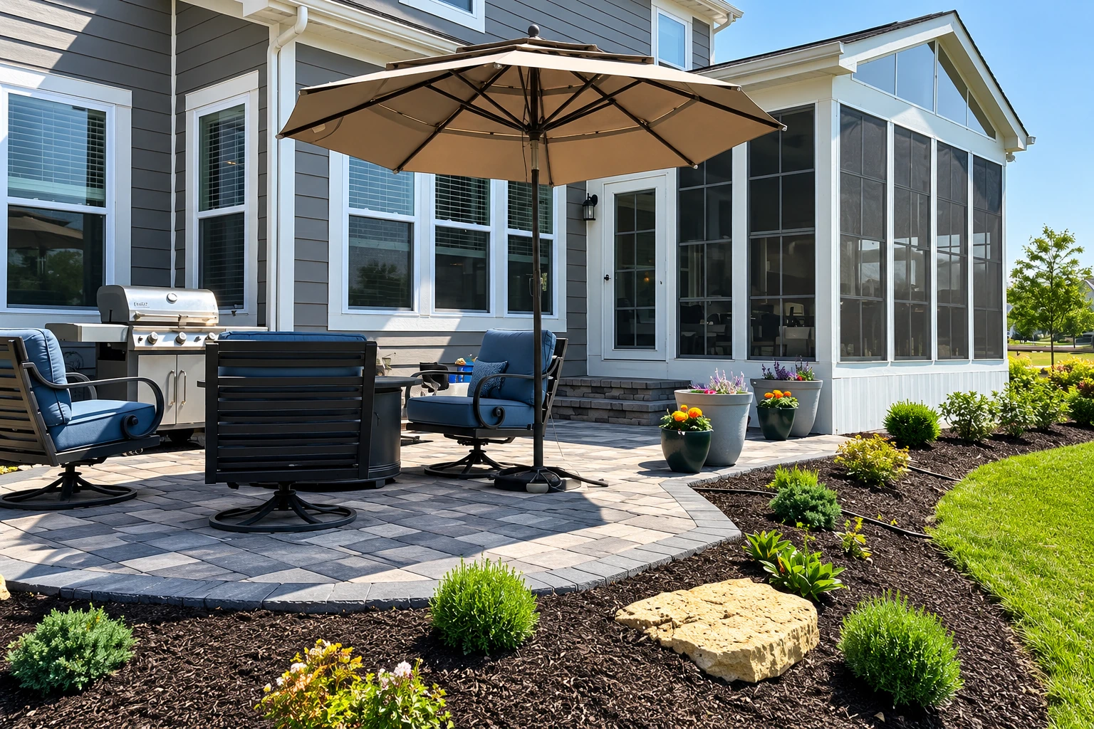 Three-season sunroom with screened windows beside a paved patio furnished with chairs, a grill and a large umbrella.