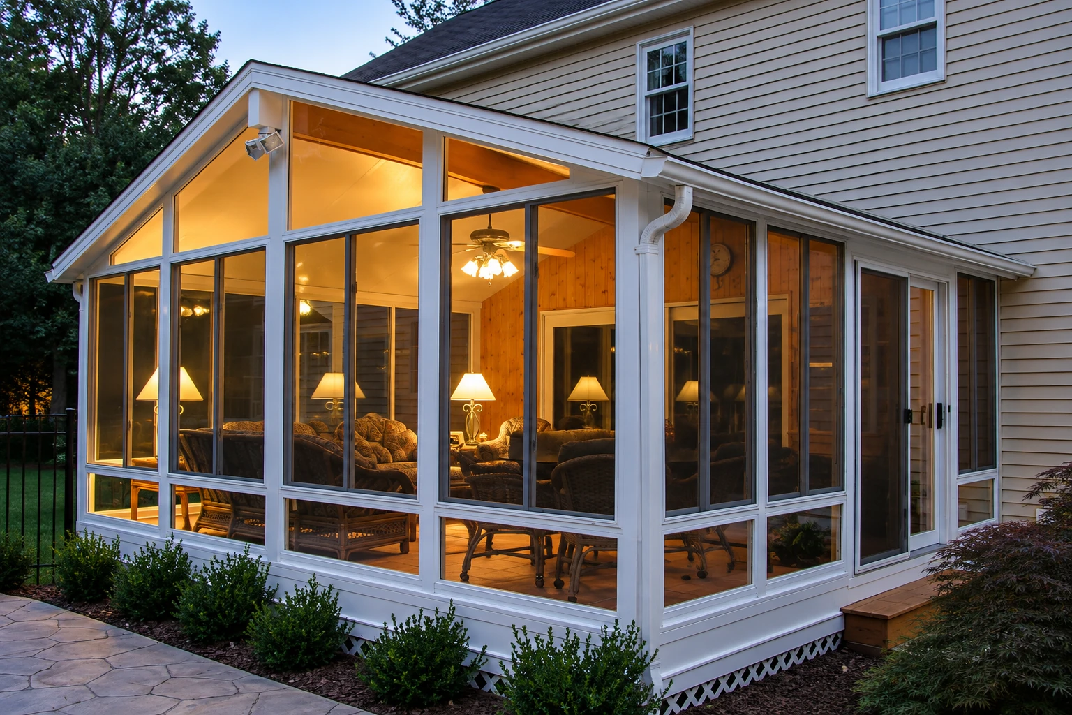 White-framed sunroom with large windows and a peaked glass-fronted roof, warmly lit at dusk.